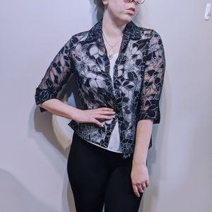 Floral design sheer relief 3/4 sleeve black blouse